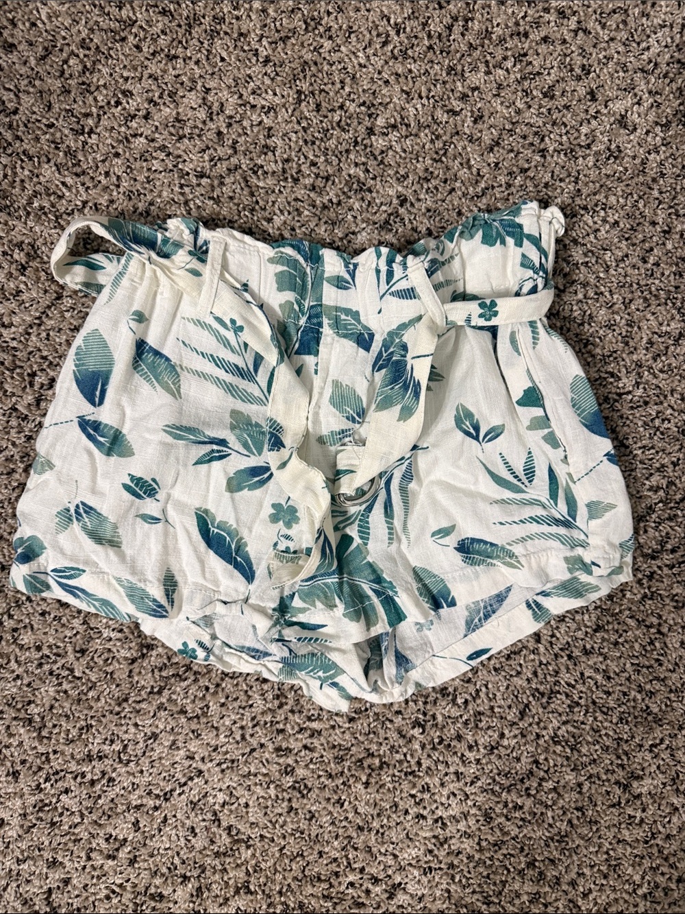 High-Waist White Floral Paperbag Shorts with Teal Leaf Print